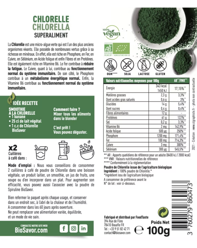 CHLORELLE POUDRE - 100G - COMPLÉMENT ALIMENTAIRE