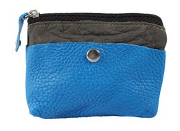 Blue genuine leather key bag with gray trim, textured surface, small coin pocket wallet with zipper closure.