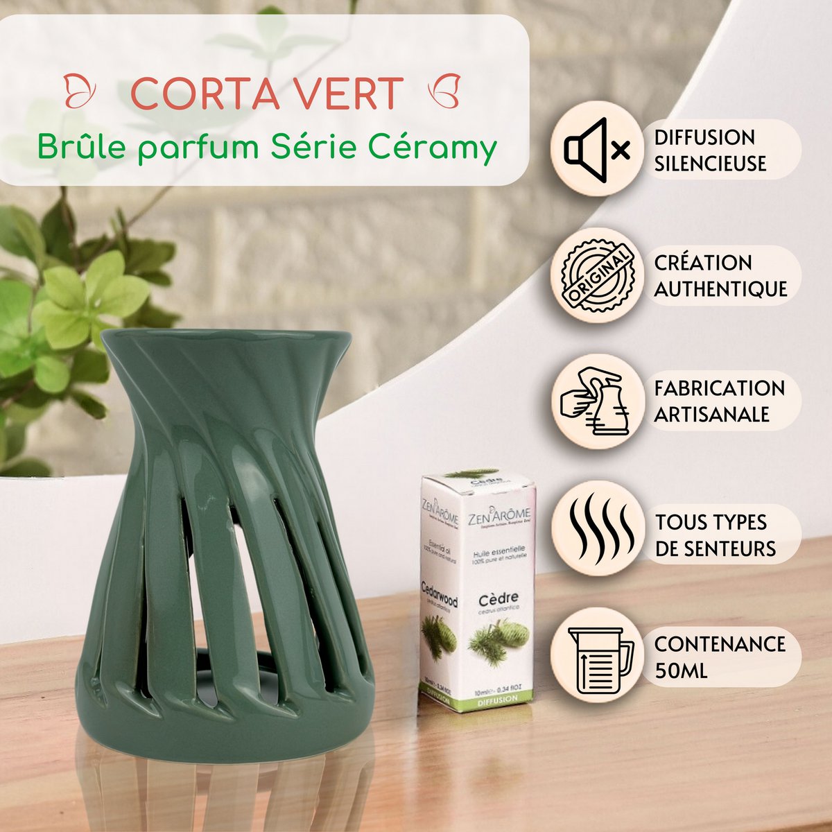 Céramy Series Perfume Burner – Corta Vert – Lacquered Ceramic Candle Holder – Diffusion of Scented Waxes, Essential Oils – Decorative Gift Idea