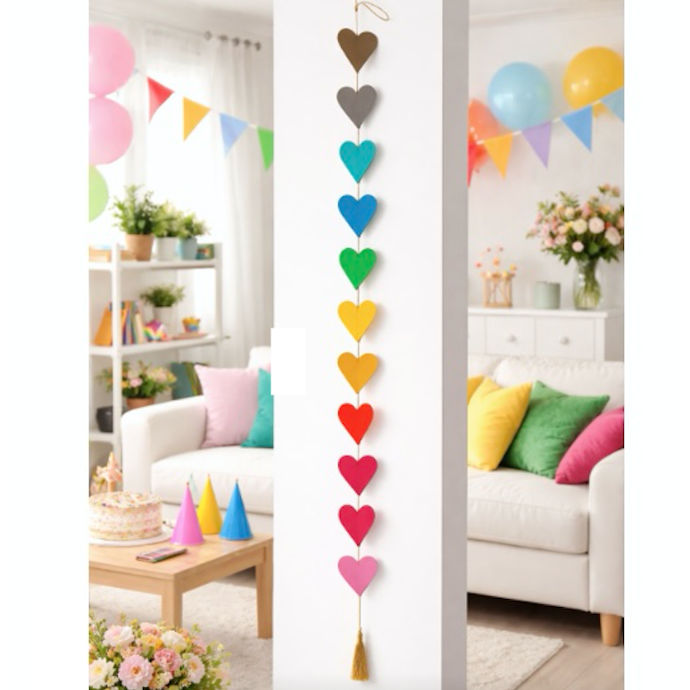 Luna-Leena garland hearts multicolored - thick ecopaper - vertical  - L 2m - handmade in Nepal