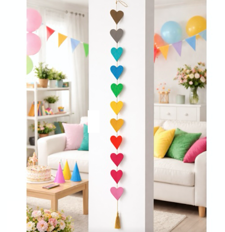 Ghirlanda Luna-Leena cuori multicolori - carta ecologica spessa - verticale - L 2m - fatta a mano in Nepal