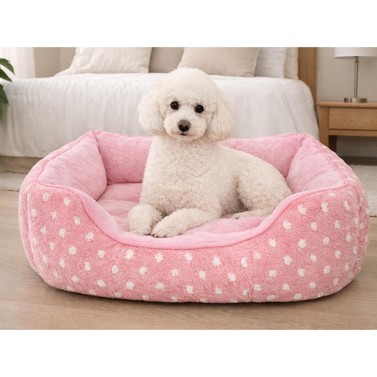 Yommy Pink Haustierbett | 3 Größen Plüsch-Punkt-Design-Bett | Rutschfeste Unterseite | 3 Farben | Gepolstertes Winterbett