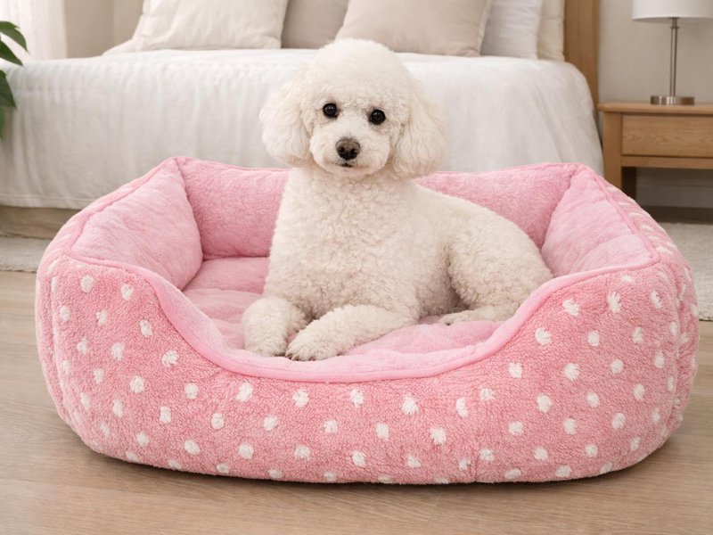Yommy Pink Pet Bed | 3 størrelser Plys Dot Design Seng | Skridsikker base | 3 farver | Polstret vinterseng