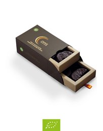  Organic dark chocolate gift box with orange moon design. Contains 200g of premium quality, ethically sourced cocoa.