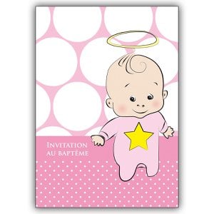 Cute pink French christening invitation card with star and halo