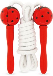 Red ladybug-themed jumping rope with white rope and red handles.