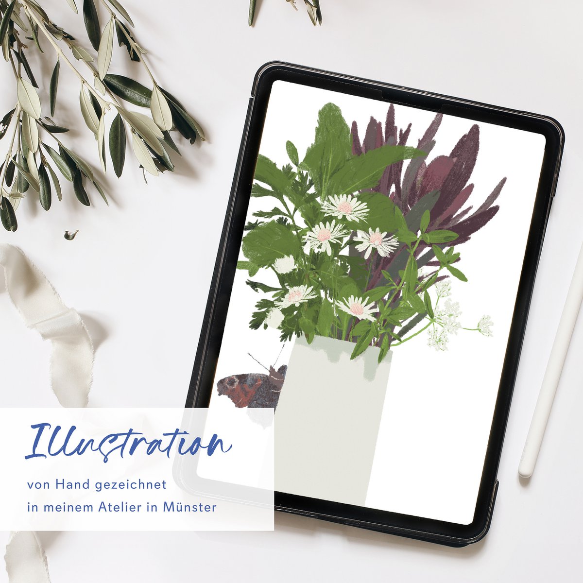 Geburtstagskarte 'happy birthday' mit Wildblumen-Vase und Schmetterling