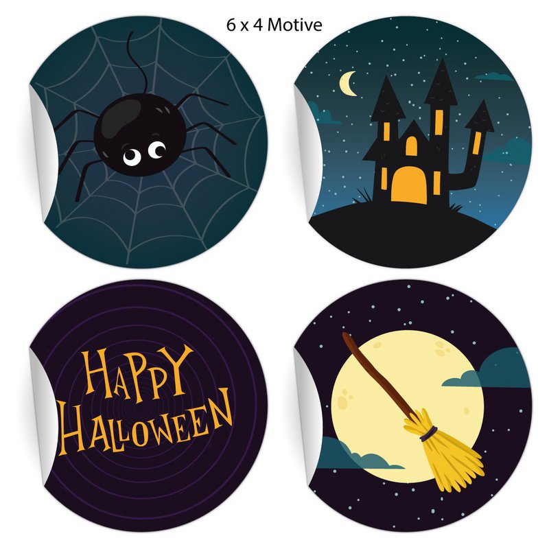 24 cool Halloween stickers to scare you with spiders and witches' brooms: Happy Halloween, blue, MATTE paper stickers also (ø 45mm; 4 motifs)