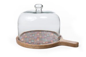 LACQUERED WOOD CHEESE BOWL WITH GLASS LID HM2427