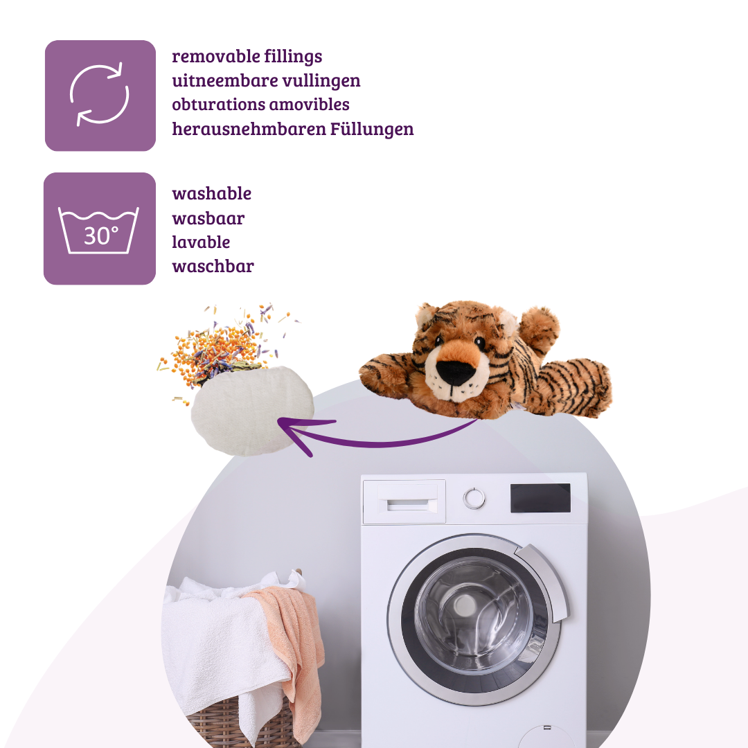 Heat cushion, the natural hot water bottle as a large tiger cuddly toy with organic millet filling and health herbs