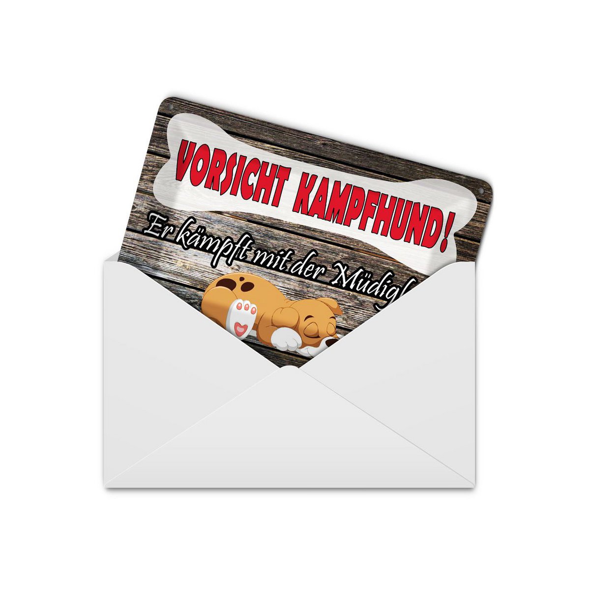 Blechpostkarte Hinweis 10x14 cm Vorsicht Kampfhund er kämpft mit der Müdigkeit