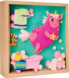 Pink unicorn wooden craft sensory art toy with colorful animals and cloud shapes, interactive play set.