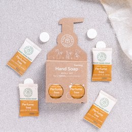 Refill set of fragrance-free hand soap tablets. Includes a hand soap dispenser and refill tablets. Made with natural ingredients.
