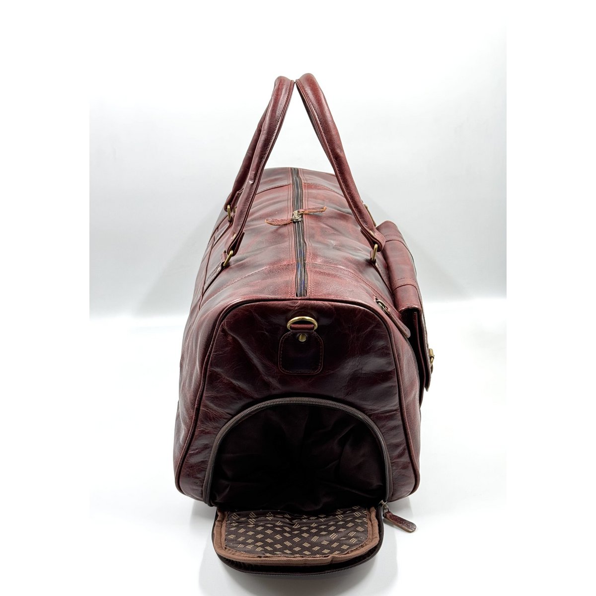 Handmade Moroccan Leather Travel Bag – Artisan 6-Pocket "Burgundy Wine" Duffle with Dedicated Shoe Compartment