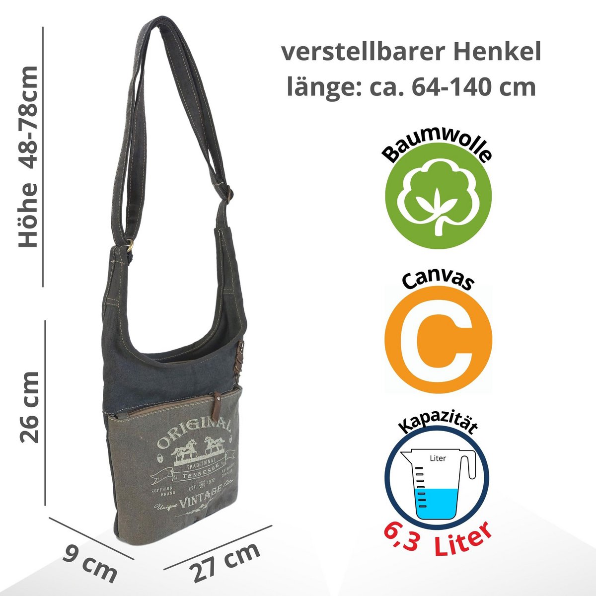 Sunsa schoudertas voor dames. Canvas/canvas & lederen hobo tas. Vintage crossbodytas in retrostijl met veel vakken met ritssluiting ...