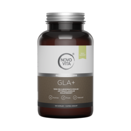 Dietary supplement containing GLA (gamma-linolenic acid) in a brown glass bottle with a silver cap.