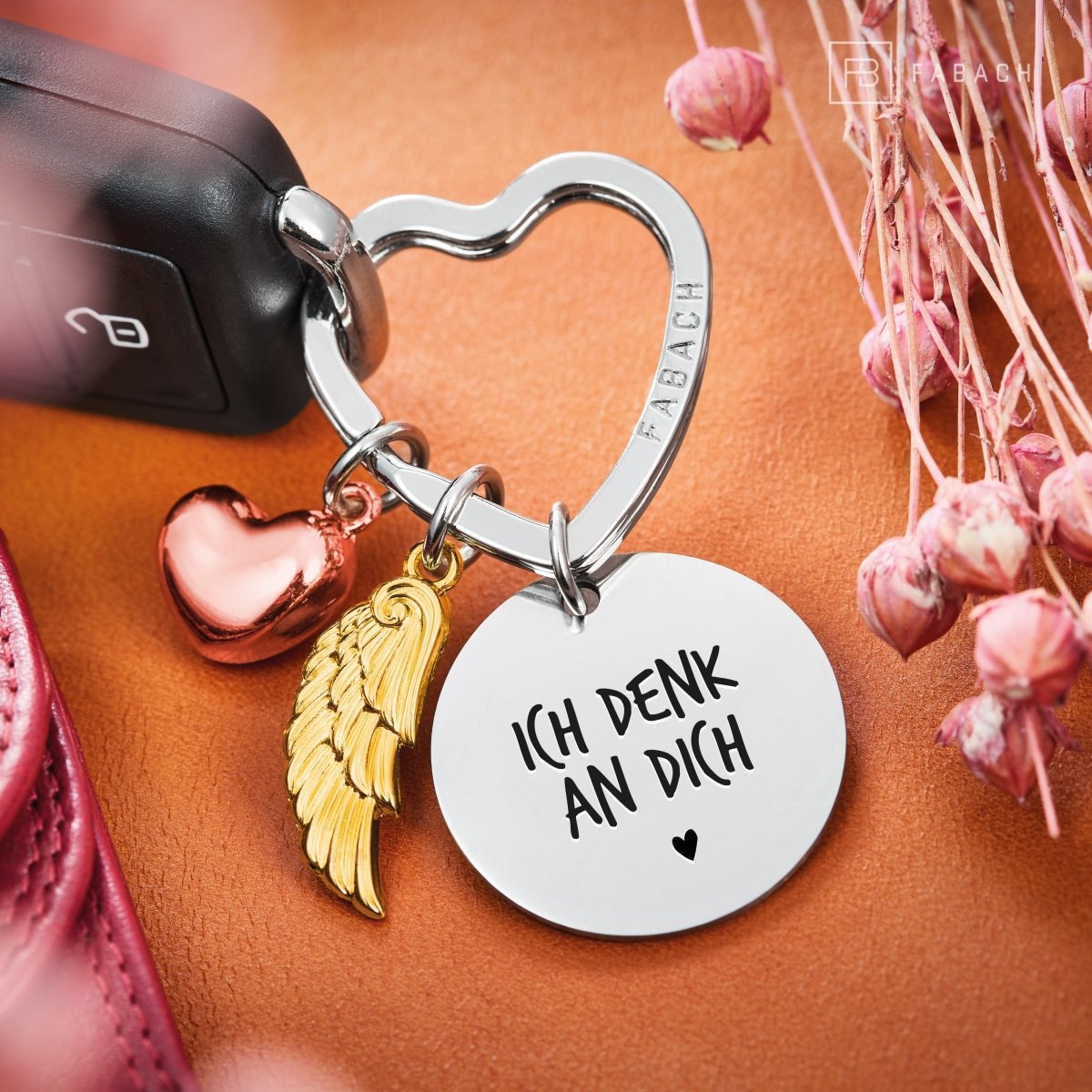 "I love you" guardian angel keychain - angel wing heart lucky charm and engraved plate with a loving message