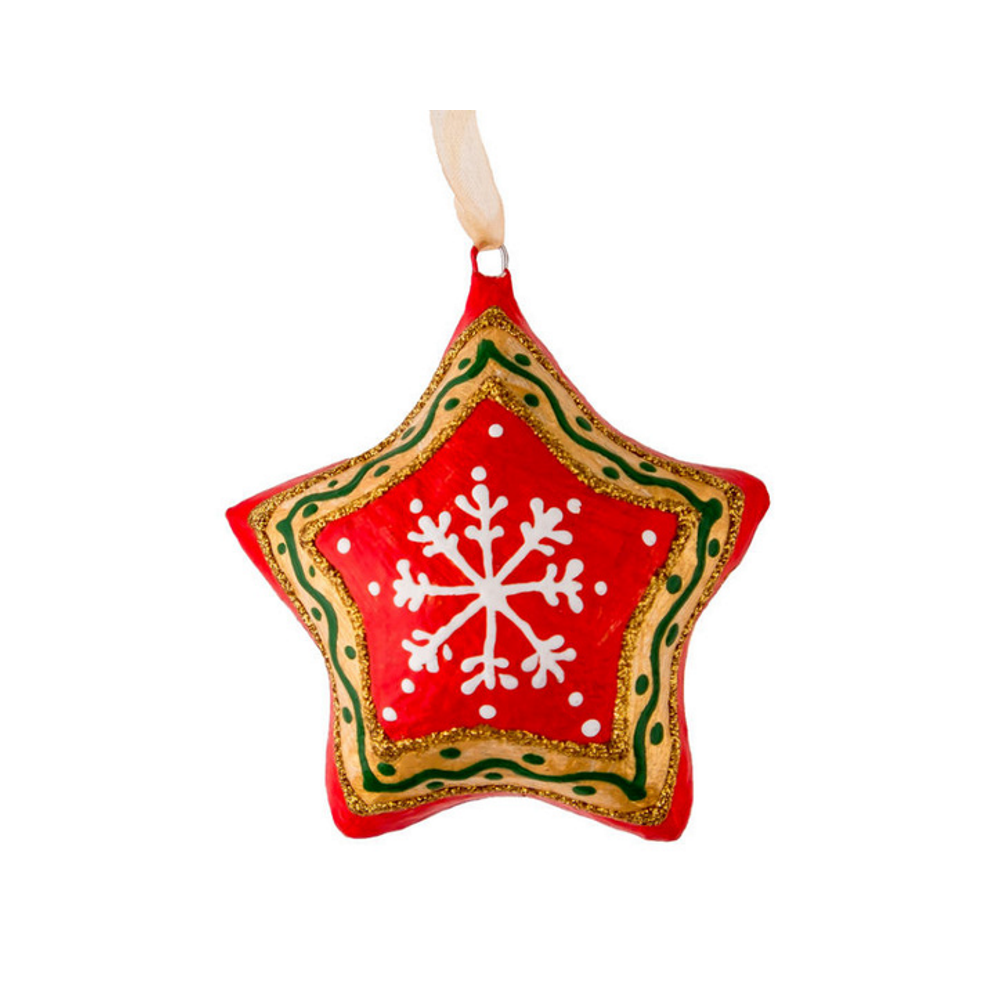 Handmade papier-mache Christmas star with snowflakes