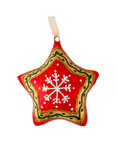 Handgemaakte kerstster van papier-maché met sneeuwvlokken