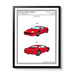 Red Ferrari F355 sports car patent poster. Includes multiple views of the vehicle showcasing its sleek, aerodynamic design and distinctive red color.
