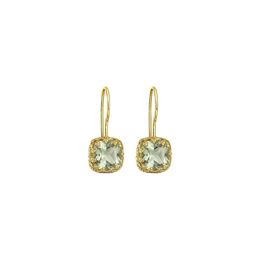 Green amethyst statement earrings with a cushion cut design and gold-tone metal setting.