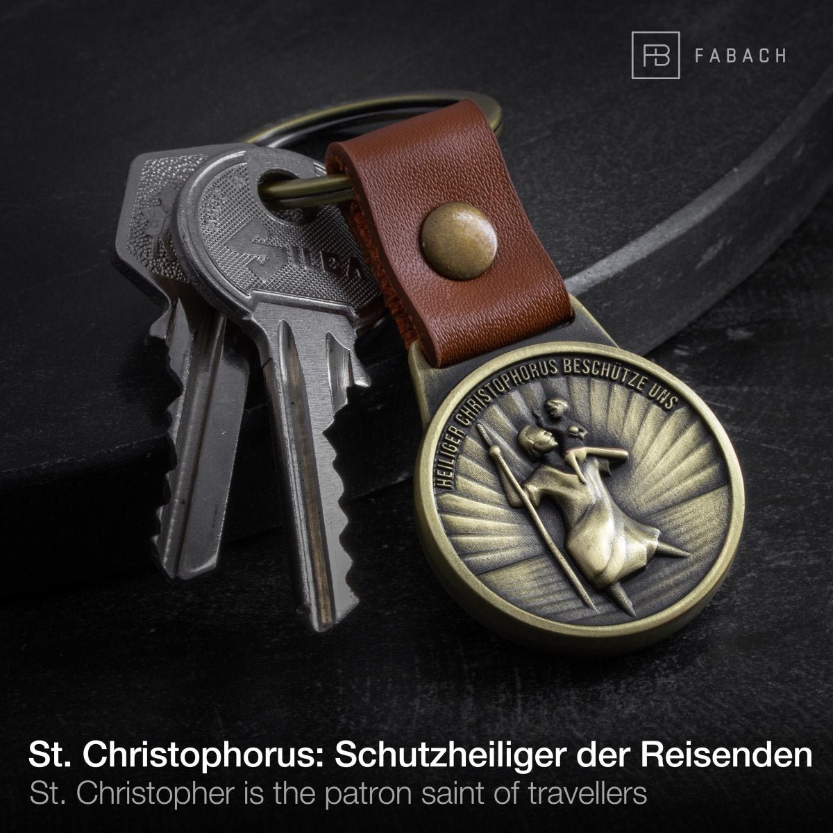 "Christophorus" patroonheilige van de reizigers sleutelhanger - Sint-Christoffel amulet - Bon Voyage plaquette op een leren band