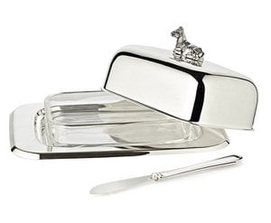 EDZARD botervloot koe 13x18 cm, H 8 cm, glazen inzet, verzilverd, met botermes
