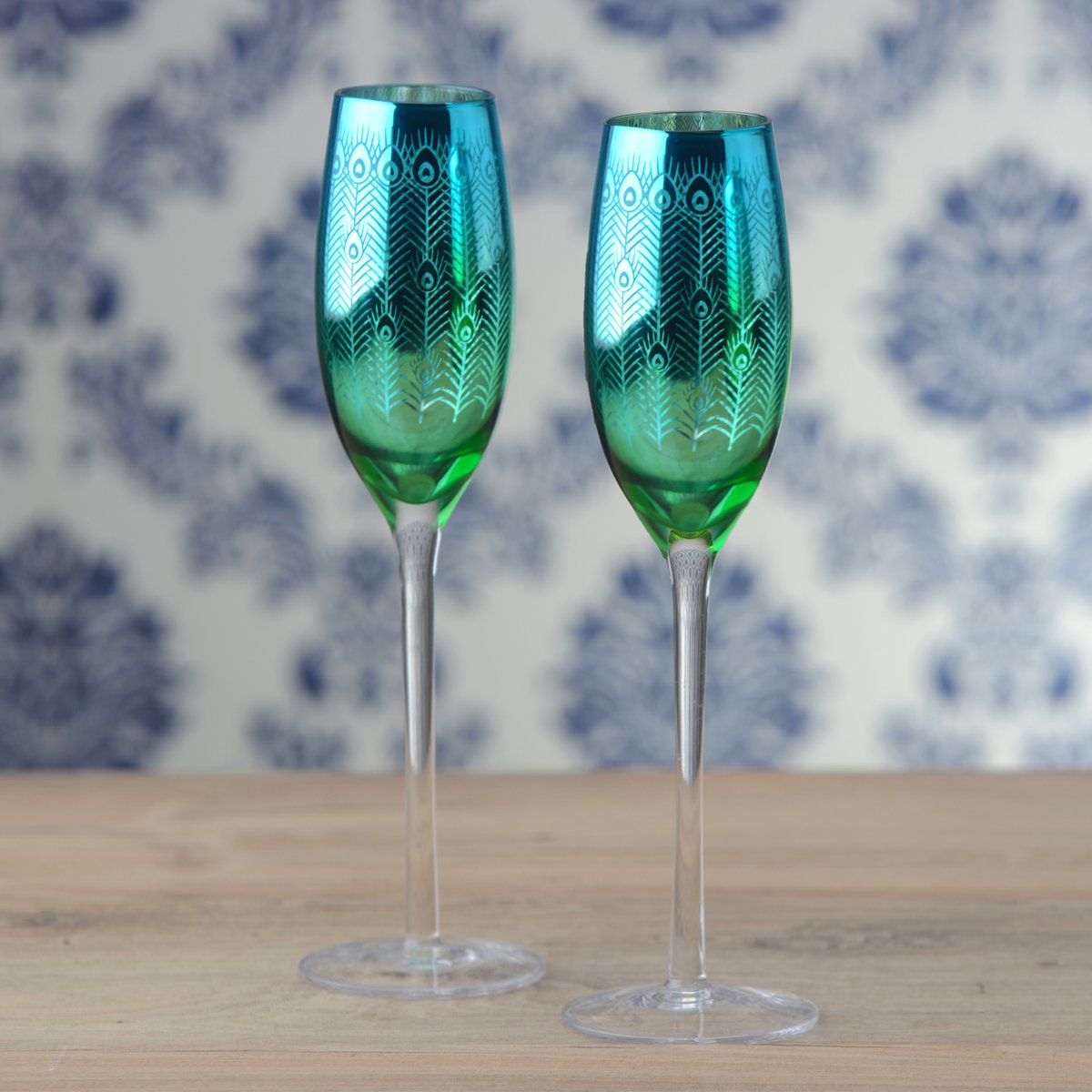 Set of 2 Champagne Flutes - Peacock