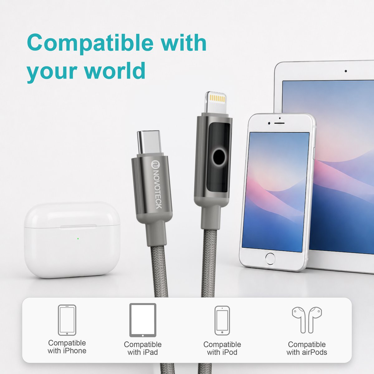 Cable NOVOTECK S-144 USB-C a Lightning: carga rápida de 30 W, 1 m, indicador LED y transferencia de datos