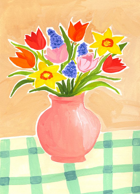 5x kort Vase med blomster