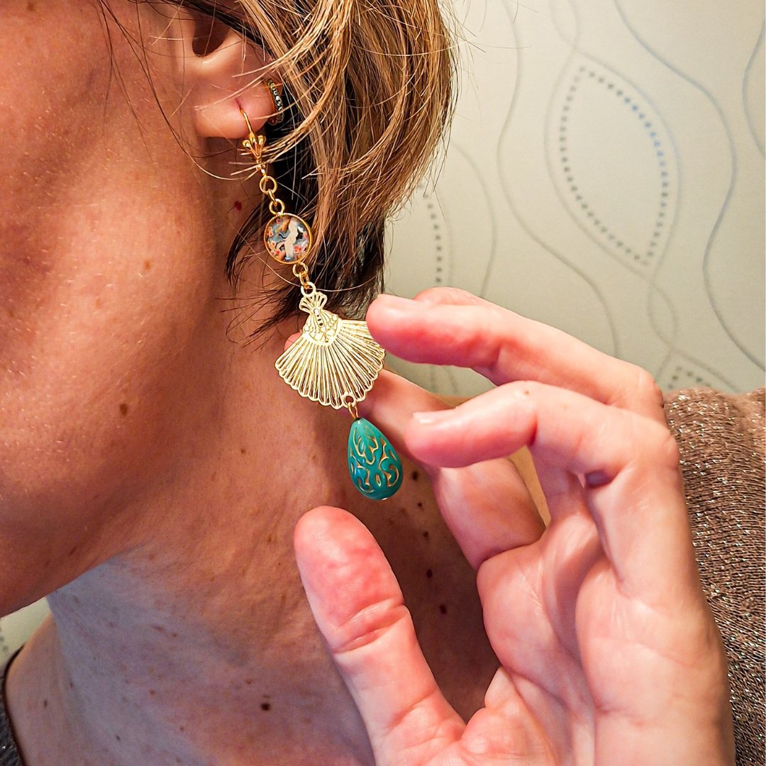 Boucles Eventail Perles arabesques Art deco Oiseau Fête des mères Cadeau Maman Cadeau Maîtresse
