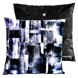 Velvet cushion with abstract black, white, and purple pattern. Square shape available in 40x40cm and 60x60cm sizes.