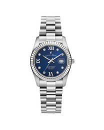  Stainless steel women's watch with a blue or black dial, Roman numeral hour markers, and a date display.