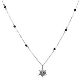 A delicate silver-tone necklace with a star pendant and black beads along the chain.