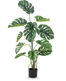 Tall artificial monstera plant with large green leaves in a pot.