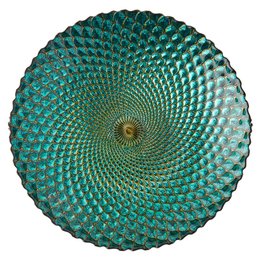 Decorative peacock-inspired bowl with iridescent green scales and peacock feather accents.