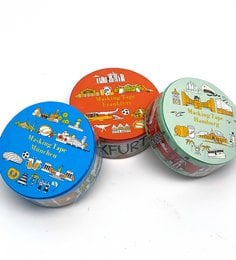 Decorative washi tapes featuring illustrations of German cities including Berlin, Munich, Hamburg, and Frankfurt. The tapes come in a variety of vibrant colors and patterns, suitable for various crafting and decorative purposes.