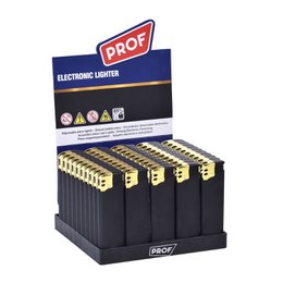 Black rubber and gold-colored metal lighter with PROF branding.