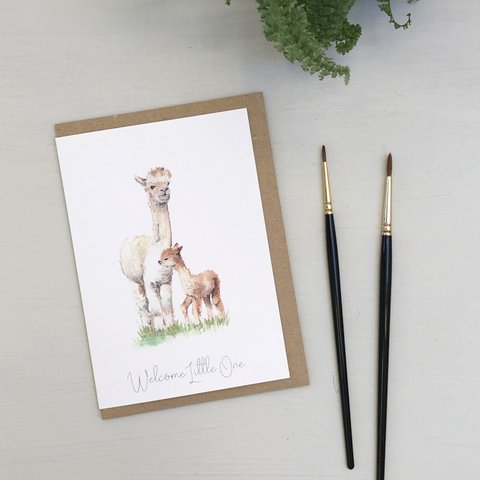 Alpaca nieuwe baby handgeschilderde wenskaart