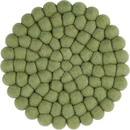  Circular green trivet made of felt balls in various shades of green, creating a textured and natural-looking design.