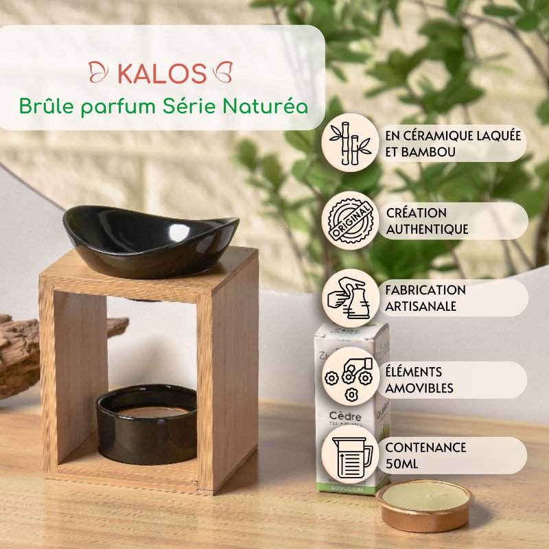 Quemador de perfume serie Naturea - Kalos - Portavelas de cera perfumada - Objeto decorativo de aromaterapia - Bambú y cerámica - Idea de regalo