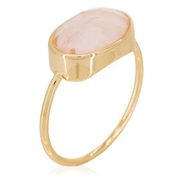 This gold-toned ring features a large oval-shaped pink quartz stone set in a sleek, minimalist design. The ring has a simple, elegant style that would complement a variety of outfits.