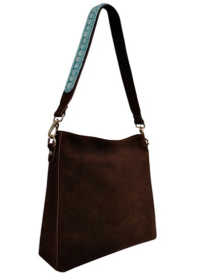 SAC BOHO IBIZA - Bandoulière aigue-marine (70cm) + Sac en daim (Cacao)