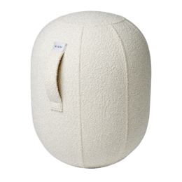 White oval balance capsule chair, soft fabric material, modern minimalist design, ergonomic seating pod
