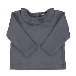 Organic cotton baby's frill t-shirt in grey. Features a ruffle collar and long sleeves. Available in sizes 1 month to 24 months.