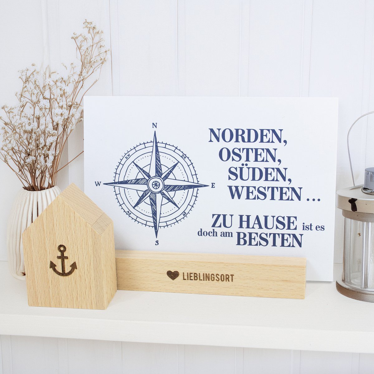 Card stand favorite place made of sustainable beech wood - card holder with heart engraving - maritime home accessory