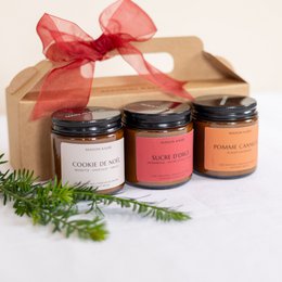  Box of Christmas Candles - Limited Edition Perfumes (3x120ml) - Amber jar. Gift box containing 3 candle jars in various Christmas-themed scents like barley sugar, Christmas tree, gingerbread, and apple cinnamon. Packaged in a cardboard box with a red ribbon.