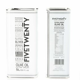 5 liter container of Greek extra virgin olive oil with label featuring text and graphics