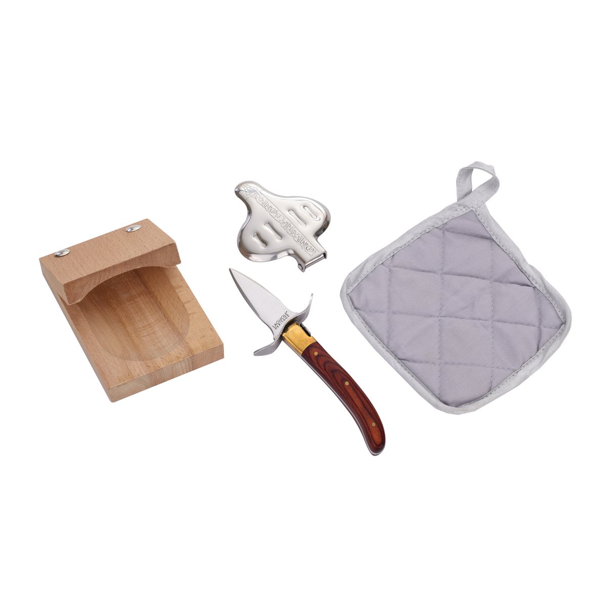 Complete box Oyster set - 4 Accessories - Oyster knife, Lemon squeezer, Oyster block, Potholder - Stainless steel, rosewood wood - Gift box