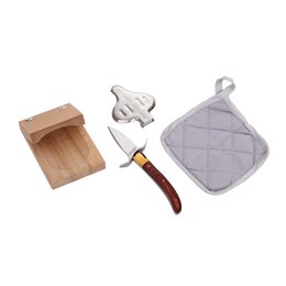 Complete box Oyster set - 4 Accessories - Oyster knife, Lemon squeezer, Oyster block, Potholder - Stainless steel, rosewood wood - Gift box